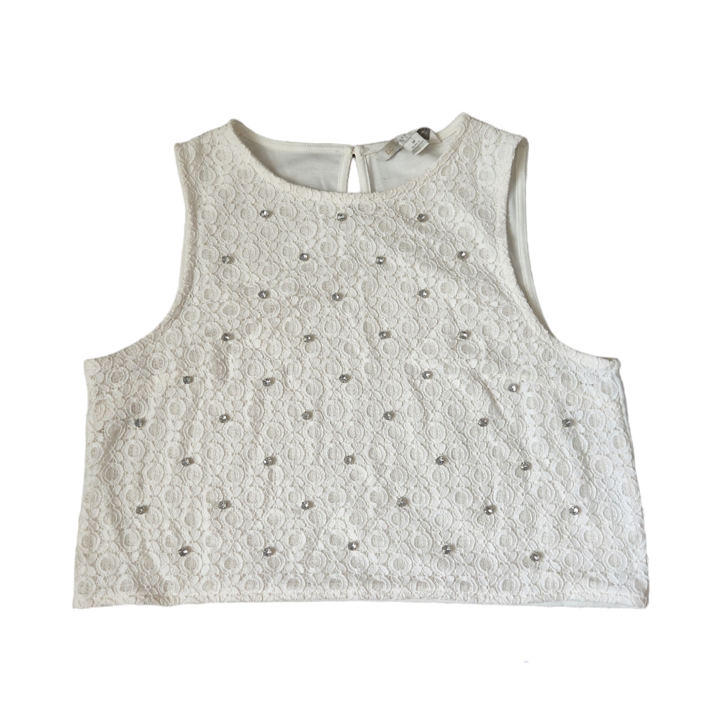 Lc Lauren Conrad White Floral Lace Cropped Tank Top With Gemstones